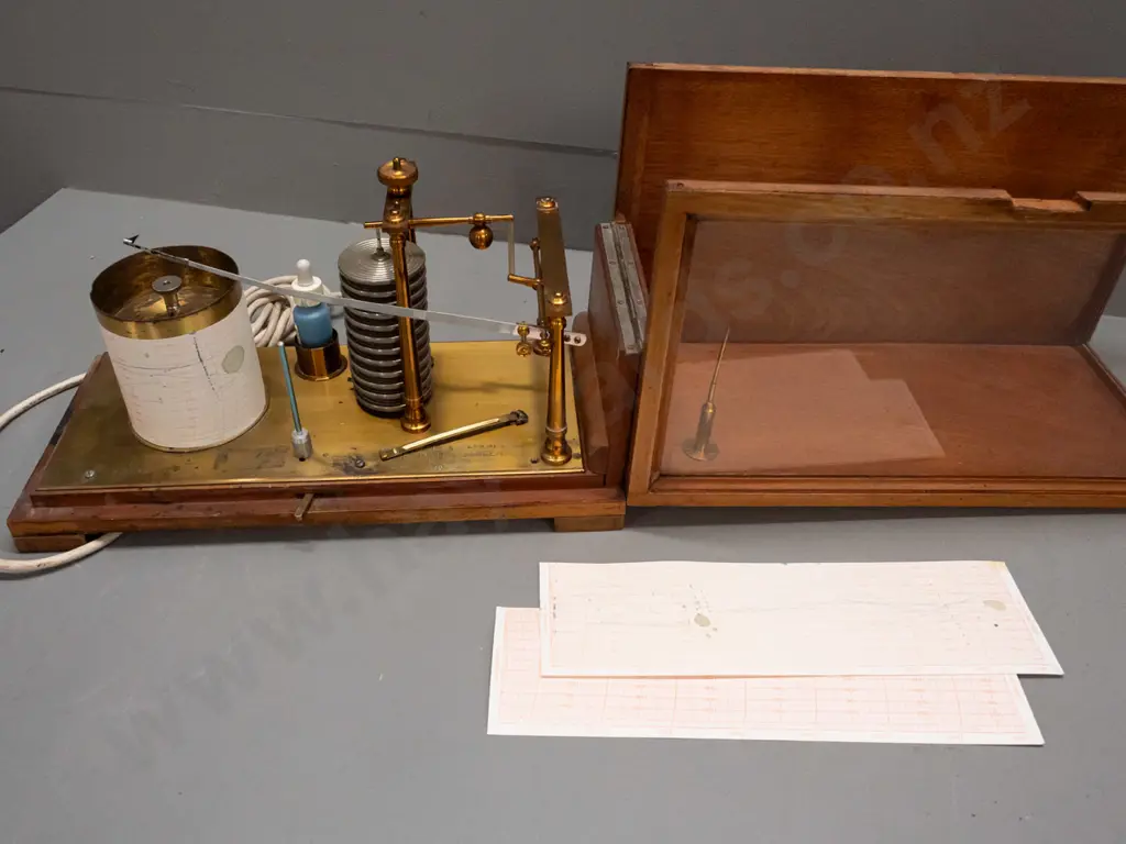 vintage Pastorelli & Rapkin Ltd. printing hygrometer in glazed mahogany case with side-hinged top, electrical cord for Image 1++