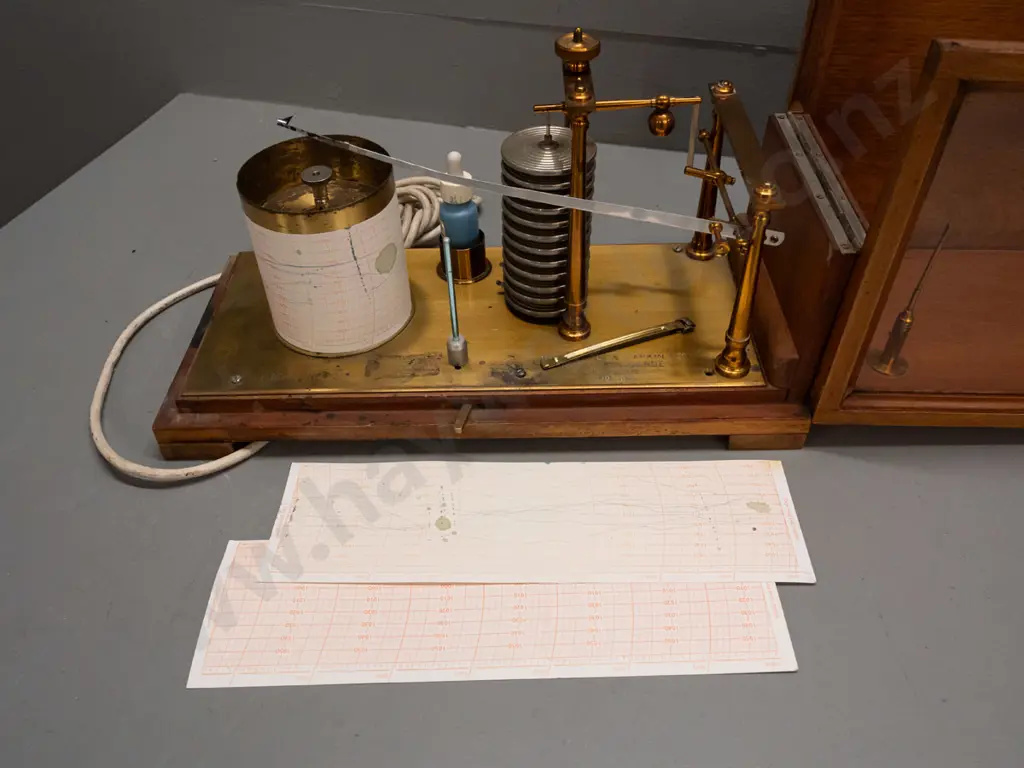 vintage Pastorelli & Rapkin Ltd. printing hygrometer in glazed mahogany case with side-hinged top, electrical cord for Image 1++
