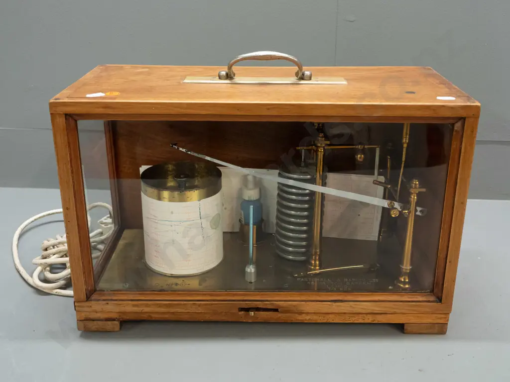 vintage Pastorelli & Rapkin Ltd. printing hygrometer in glazed mahogany case with side-hinged top, electrical cord for Image 1++