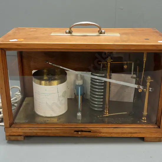 vintage Pastorelli & Rapkin Ltd. printing hygrometer in glazed mahogany case with side-hinged top, electrical cord for