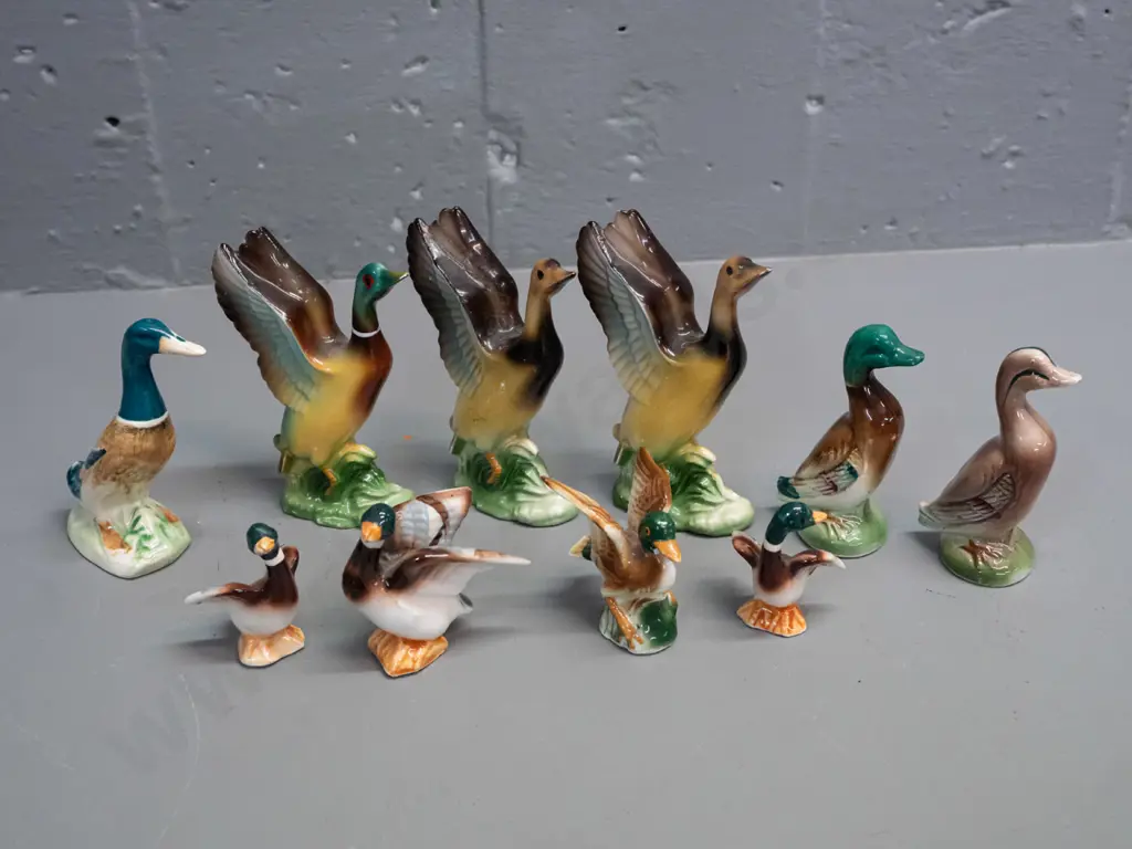assorted small duck figures, mixed styles, no maker's marks - 2 plaster ones marked Japan, one ceramic mallard marked Image 1++