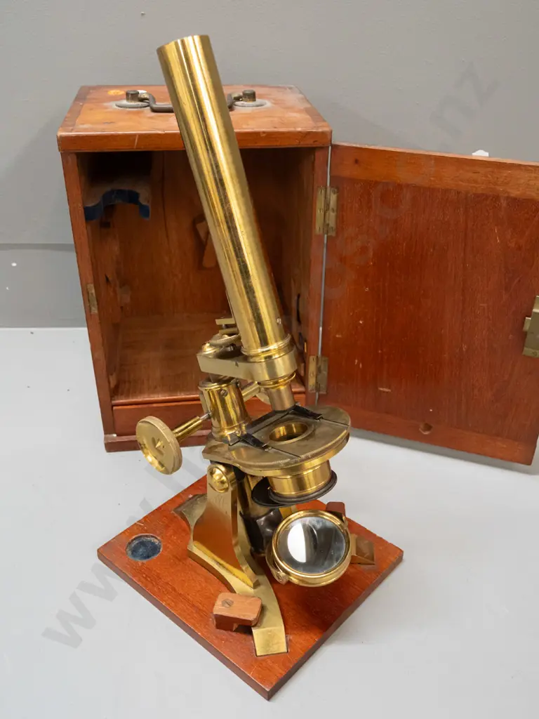 brass microscope in fitted mahogany cased with glass slides in drawer - drawer is missing knob, microscope may be Image 1++