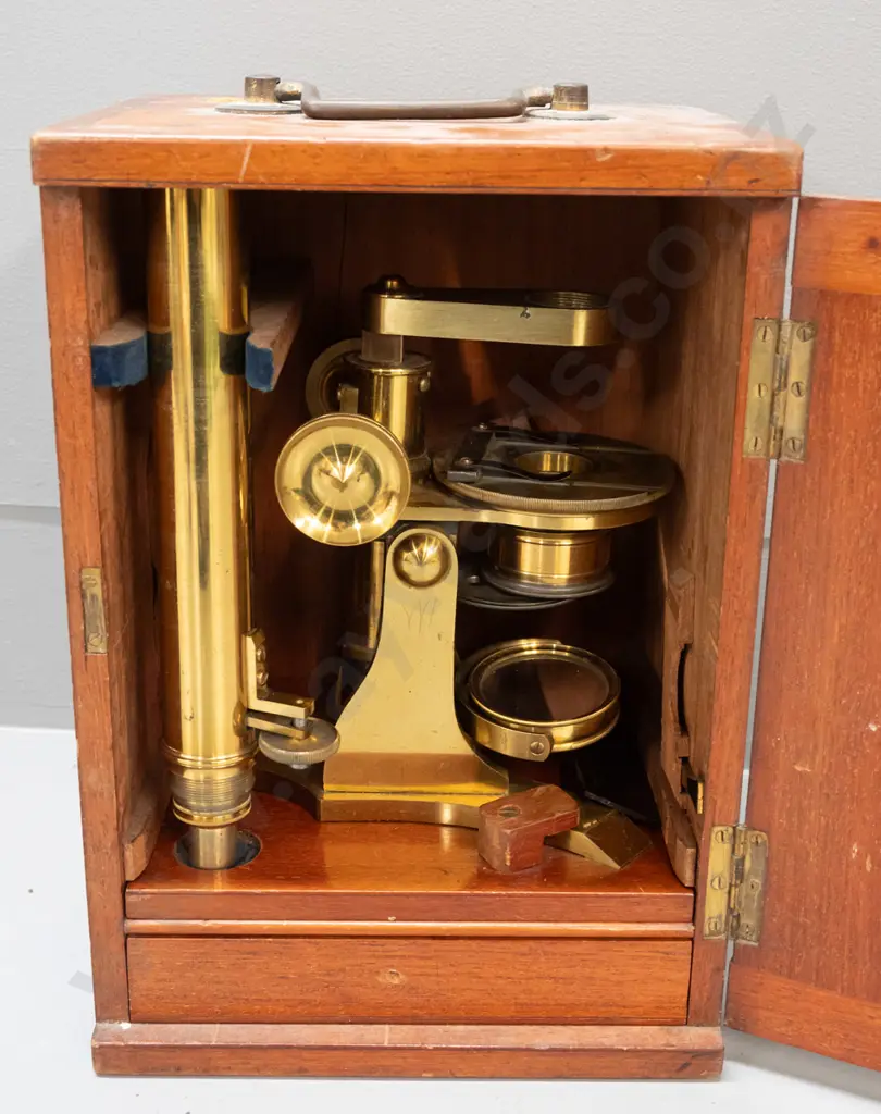 brass microscope in fitted mahogany cased with glass slides in drawer - drawer is missing knob, microscope may be Image 1++