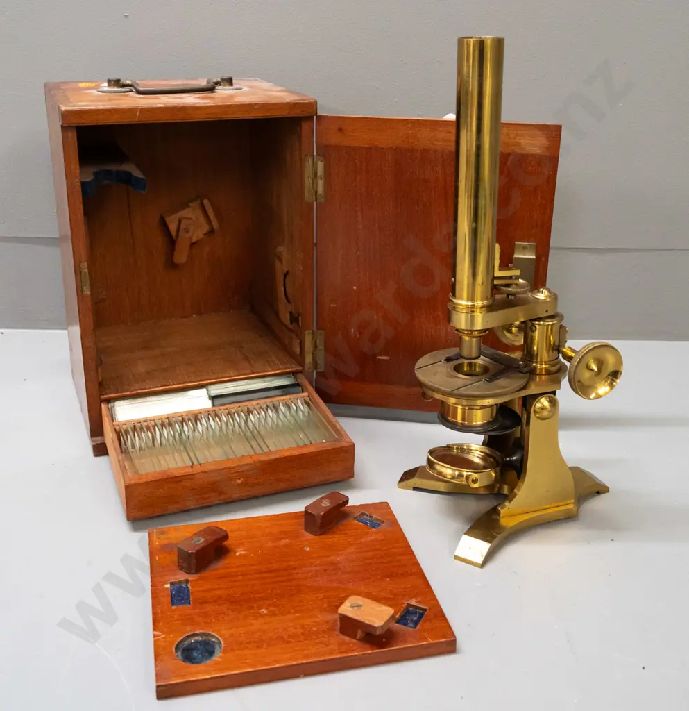 brass microscope in fitted mahogany cased with glass slides in drawer - drawer is missing knob, microscope may be Image 1++