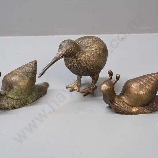 3 cast brass animals - kiwi H-90 and a pair of snails L-130