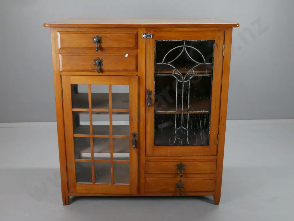 restorer's vintage rimu kitchen dresser with one leadlight door, 4 drawers, one latticework door, metal drop handles - Image 1++