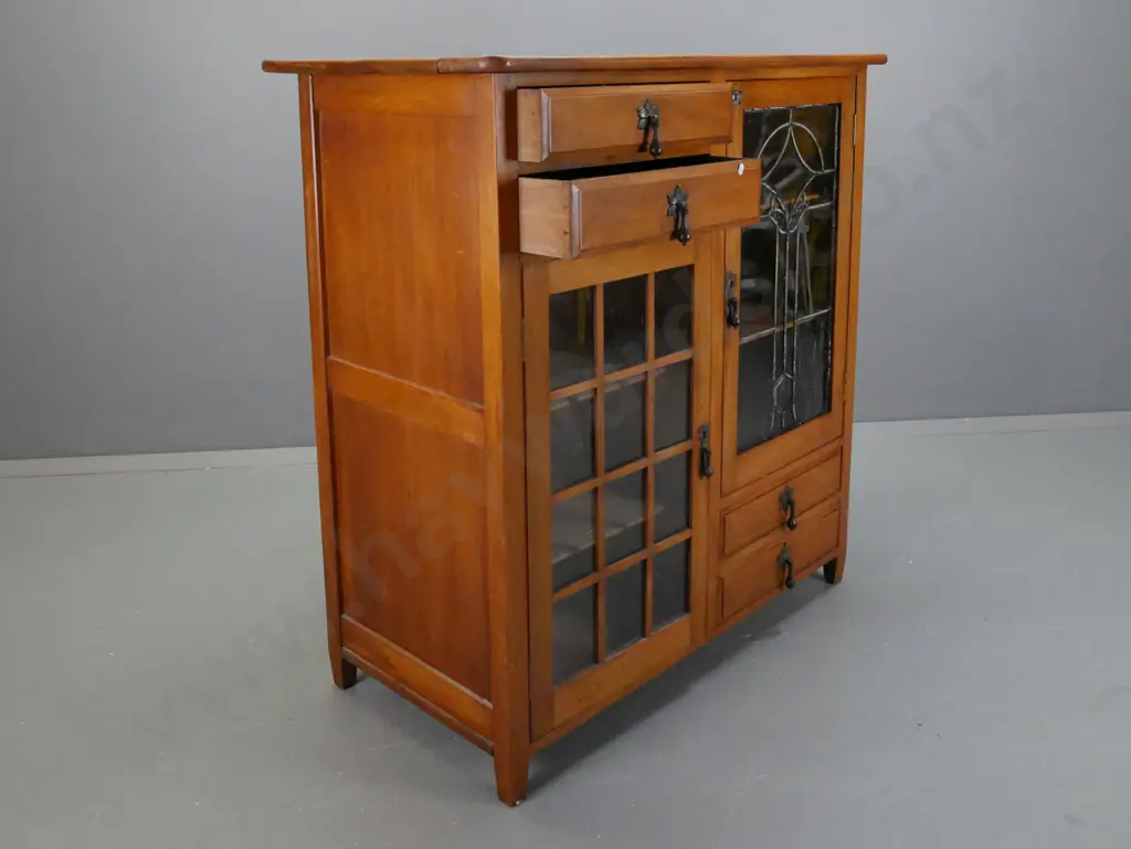 restorer's vintage rimu kitchen dresser with one leadlight door, 4 drawers, one latticework door, metal drop handles - Image 1++
