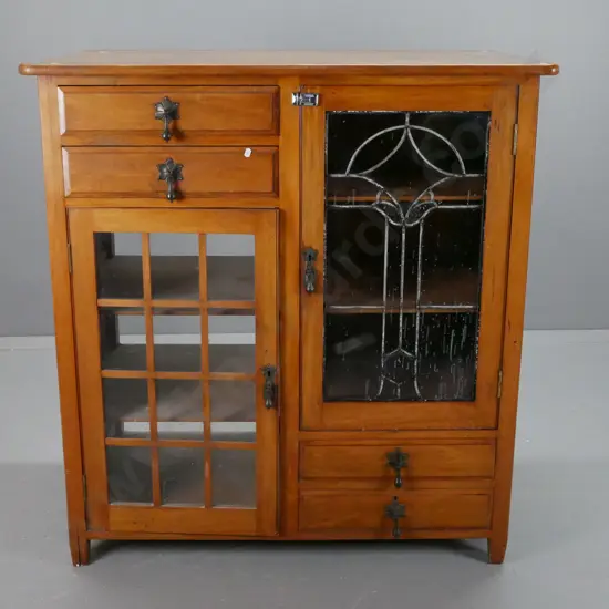 restorer's vintage rimu kitchen dresser with one leadlight door, 4 drawers, one latticework door, metal drop handles -