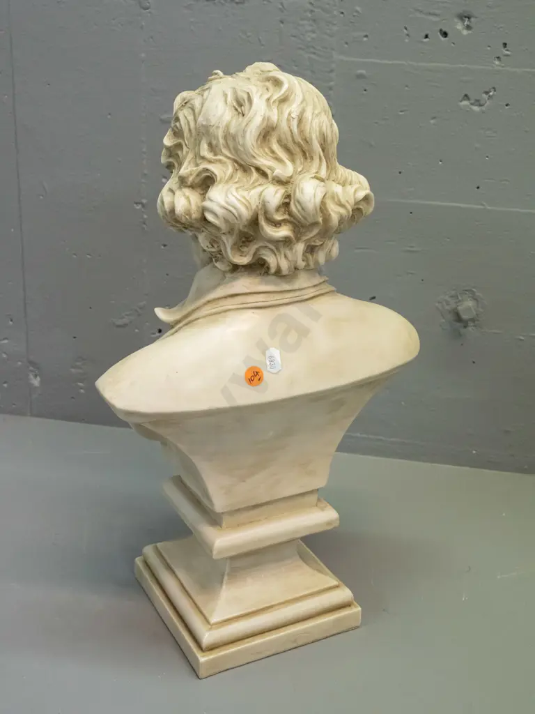 cast composite faux marble bust of Beethoven on square section plinth base H-460 W-280 Image 1++