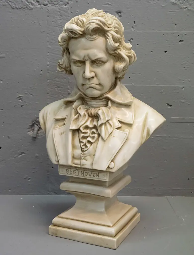cast composite faux marble bust of Beethoven on square section plinth base H-460 W-280 Image 1++