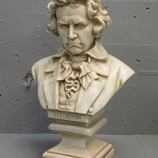 cast composite faux marble bust of Beethoven on square section plinth base H-460 W-280