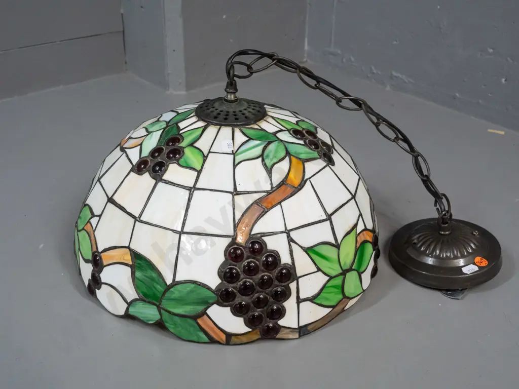 leadlight ceiling light fitting with grape-motif round glass cabochon clusters, hanging chain and copper finish rose Image 1++