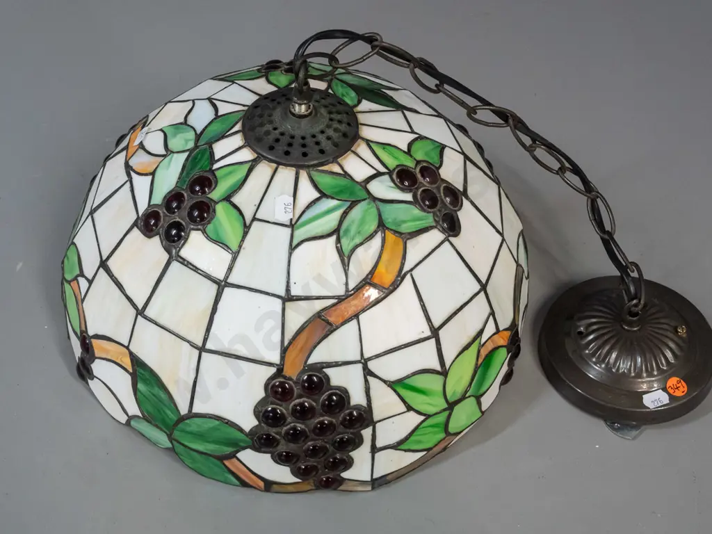 leadlight ceiling light fitting with grape-motif round glass cabochon clusters, hanging chain and copper finish rose Image 1++