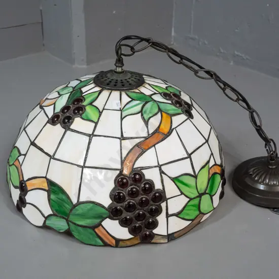 leadlight ceiling light fitting with grape-motif round glass cabochon clusters, hanging chain and copper finish rose