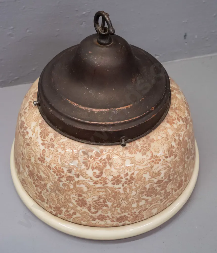 vintage glass ceiling fitting - ivory glass with gold-brown overlaid foliate decoration, copper journal H-240 D-270 Image 1++