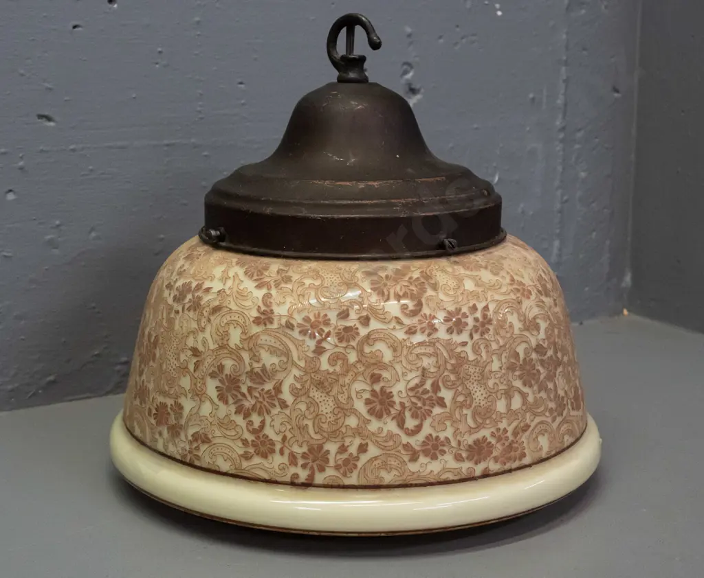 vintage glass ceiling fitting - ivory glass with gold-brown overlaid foliate decoration, copper journal H-240 D-270 Image 1++