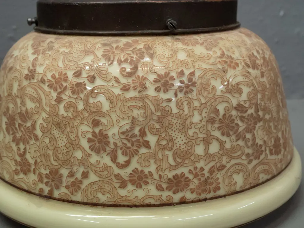 vintage glass ceiling fitting - ivory glass with gold-brown overlaid foliate decoration, copper journal H-240 D-270 Image 1++