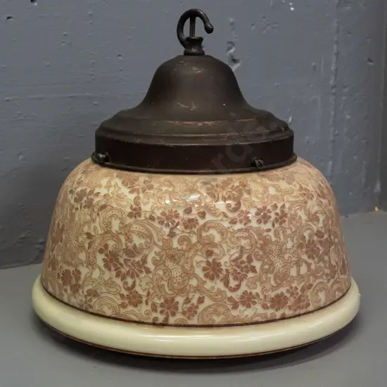 vintage glass ceiling fitting - ivory glass with gold-brown overlaid foliate decoration, copper journal H-240 D-270