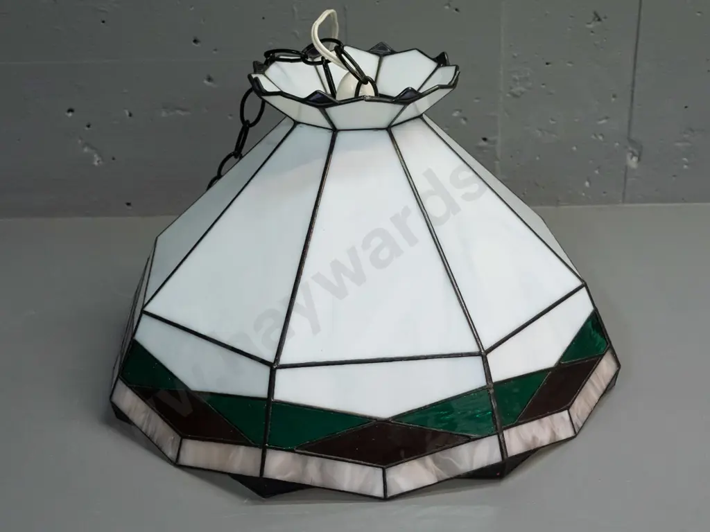 leadlight glass hanging lightshade and fitting w/ black hanging chain, swirled milk glass, green & red H-240 D-400 Image 1++