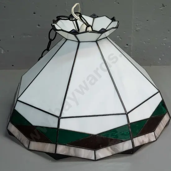 leadlight glass hanging lightshade and fitting w/ black hanging chain, swirled milk glass, green & red H-240 D-400