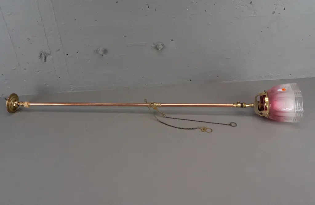 vintage copper ceiling light on long stem modified from gas light, with brass fittings, valve with "On" tag, cage marked Image 1++