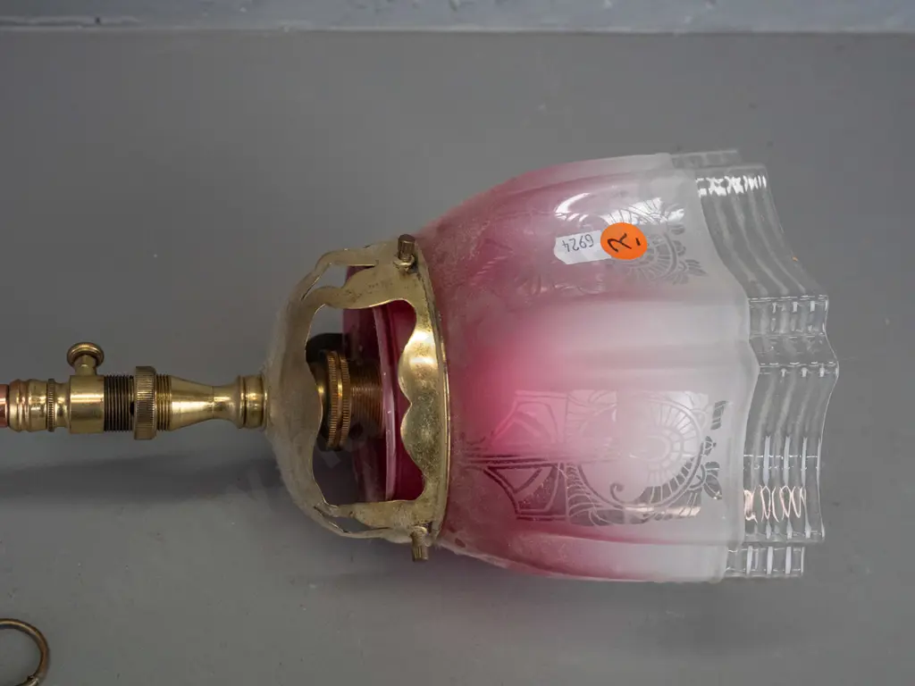 vintage copper ceiling light on long stem modified from gas light, with brass fittings, valve with "On" tag, cage marked Image 1++