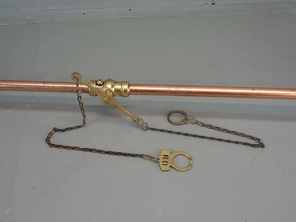 vintage copper ceiling light on long stem modified from gas light, with brass fittings, valve with "On" tag, cage marked Image 1++