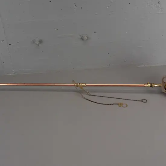 vintage copper ceiling light on long stem modified from gas light, with brass fittings, valve with "On" tag, cage marked