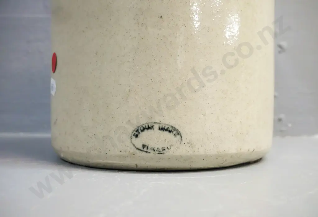 Stonewear crock marked Timaru for West & Co Beverages Dunedin. With wire handle, missing stopper. H-330 D-160 Image 1++