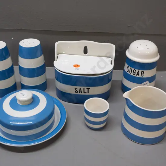 TG Greene blue & white Cornish kitchen ware items - wall mount salt, sugar caster, salt & pepper, lidded butter dish