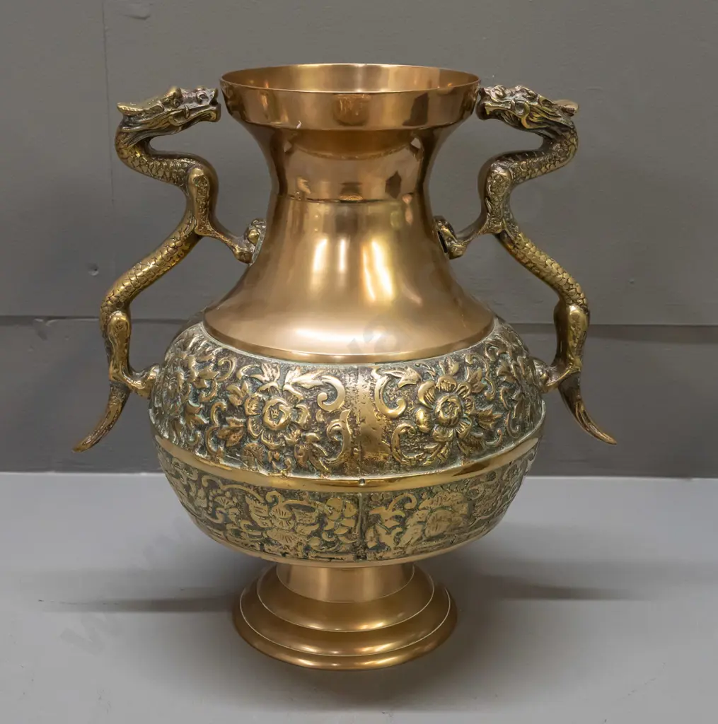 brass vase with band of cast decoration and cast dragon handles - minor pitting to cast areas H-290 W-250 across handles Image 1++