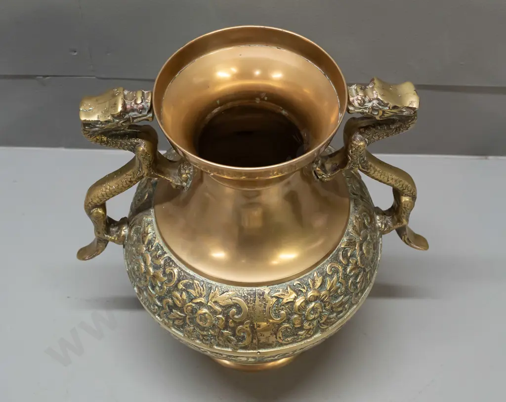 brass vase with band of cast decoration and cast dragon handles - minor pitting to cast areas H-290 W-250 across handles Image 1++