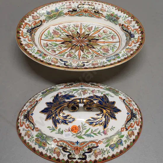 vintage Masons Ironstone lidded footed tureen with floral and foliate decoration, gilded rims and handle - some small