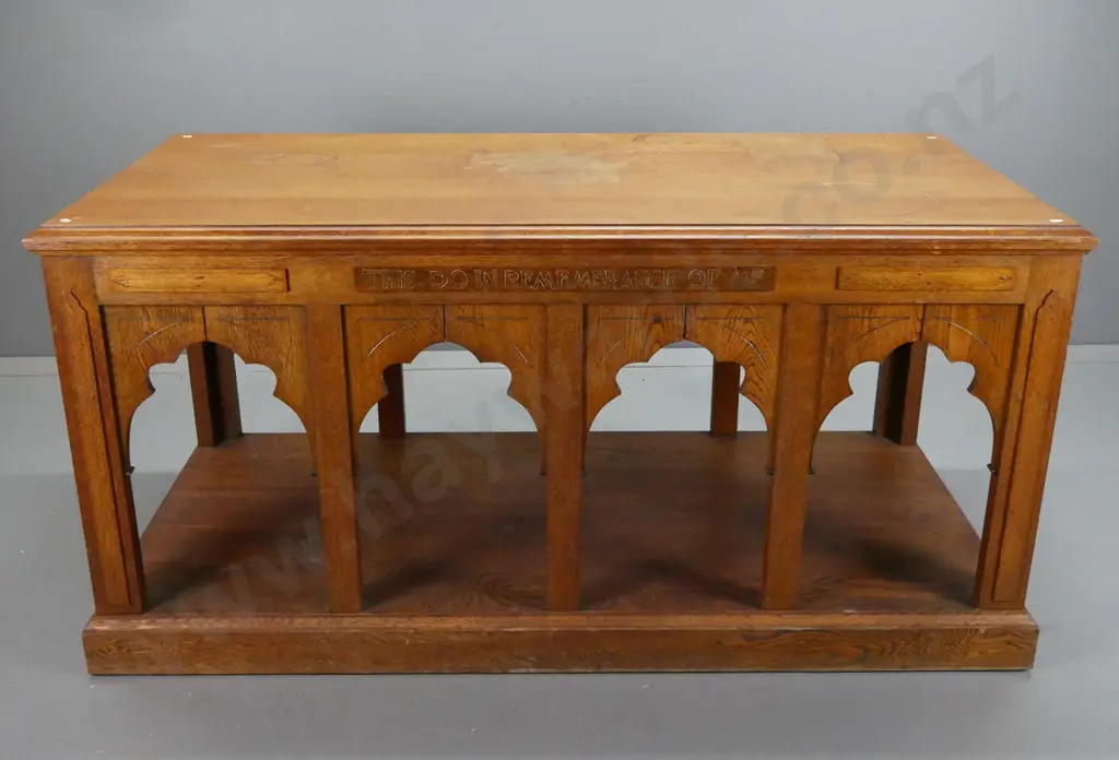 vintage oak altar table with gothic arch decoration on platform base, square section legs, etched and gilded motto in Image 1++