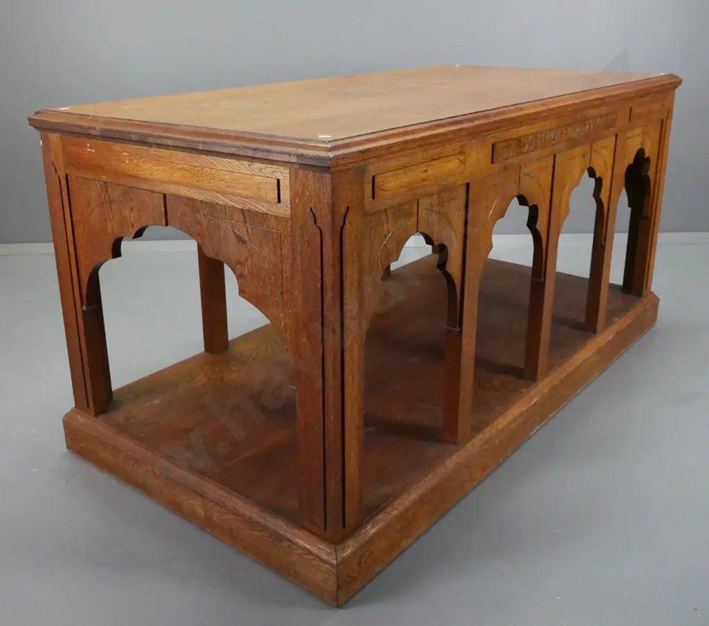 vintage oak altar table with gothic arch decoration on platform base, square section legs, etched and gilded motto in Image 1++