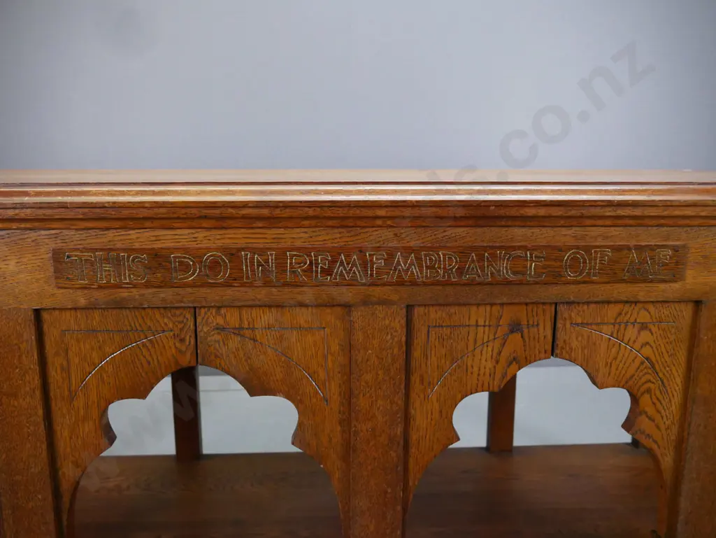 vintage oak altar table with gothic arch decoration on platform base, square section legs, etched and gilded motto in Image 1++