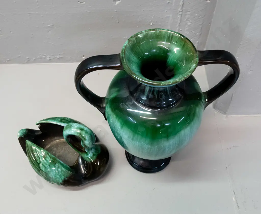 2 pieces Blue Mountain pottery - large double handled urn vase H-310 and a swan vase L-190 Image 1++
