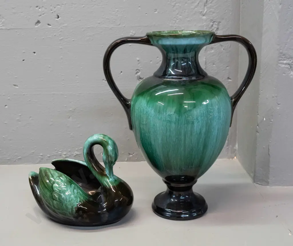 2 pieces Blue Mountain pottery - large double handled urn vase H-310 and a swan vase L-190 Image 1++