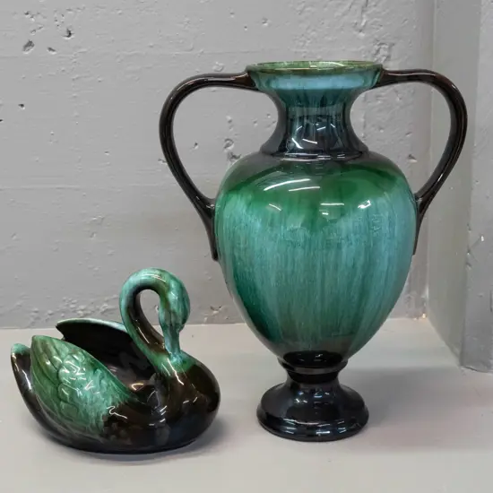 2 pieces Blue Mountain pottery - large double handled urn vase H-310 and a swan vase L-190