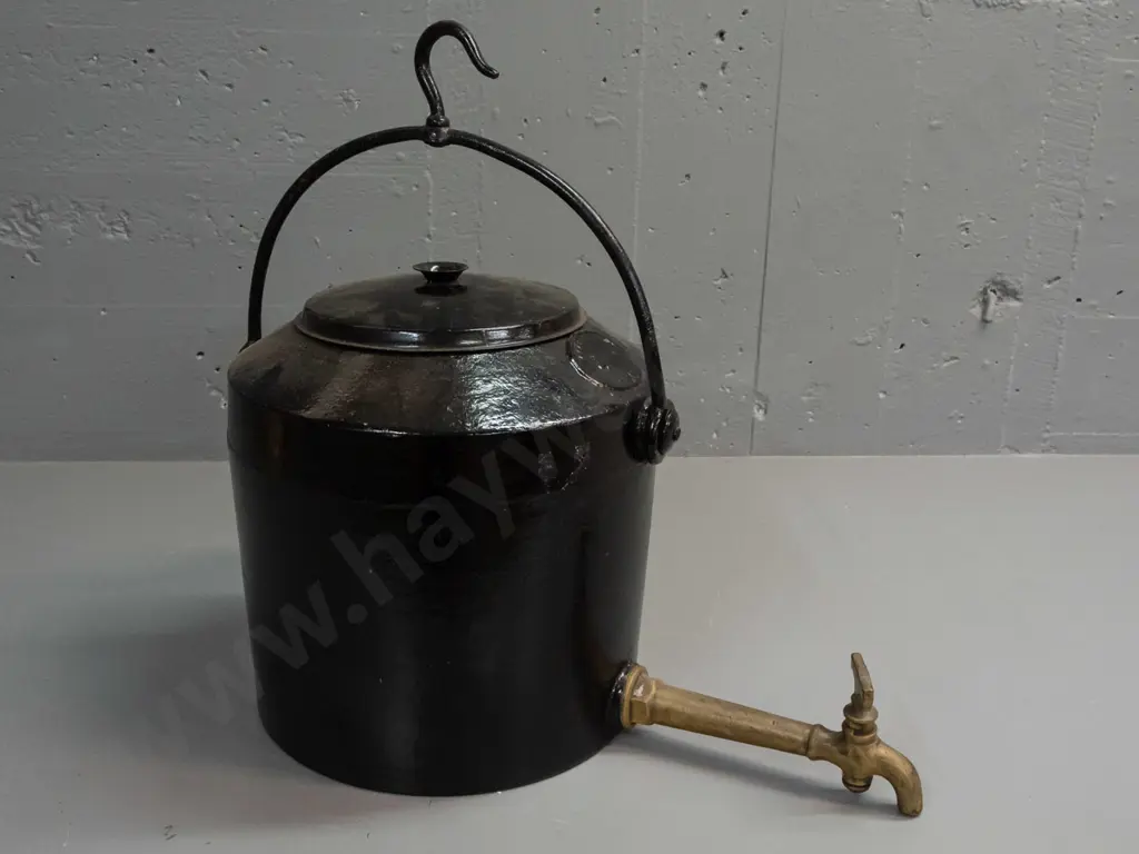 Kenrick 4 Gallon heavy cast iron camp kettle with brass spigot and hanging hook handle, probably replacement lid. Image 1++