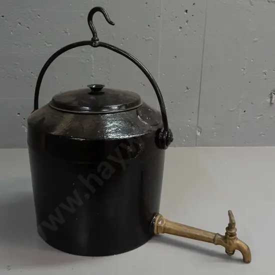 Kenrick 4 Gallon heavy cast iron camp kettle with brass spigot and hanging hook handle, probably replacement lid.