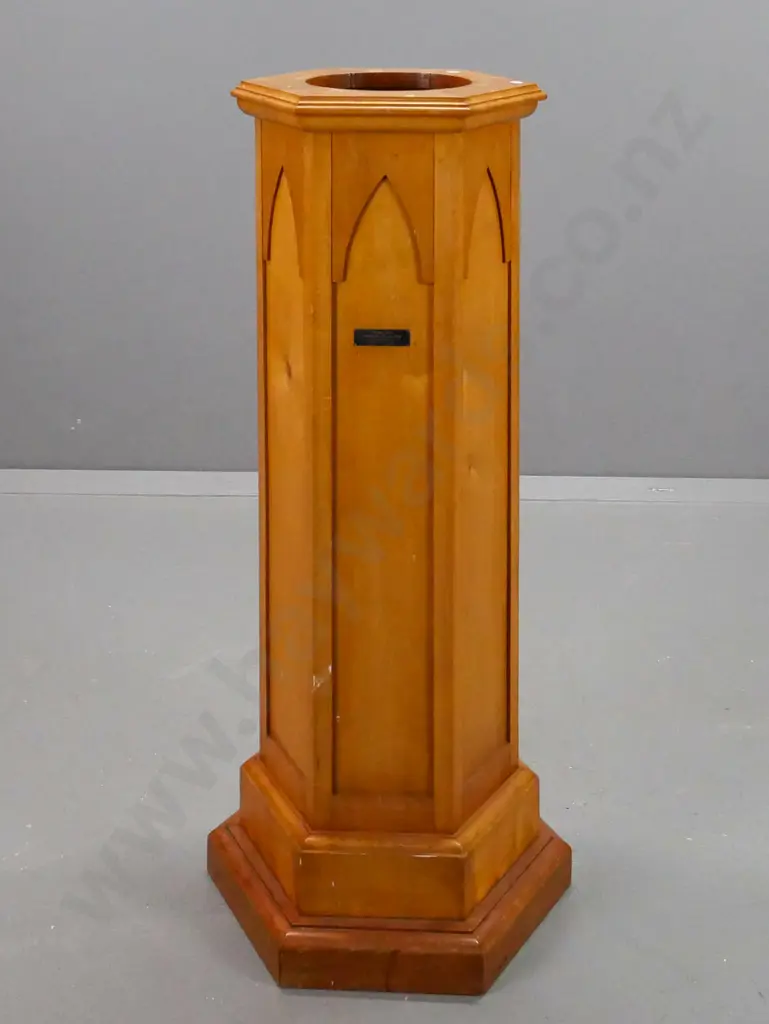vintage rimu & beech gothic style church font, plaque with 1955 inscription - some water staining around top opening, Image 1++