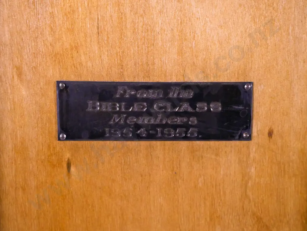 vintage rimu & beech gothic style church font, plaque with 1955 inscription - some water staining around top opening, Image 1++