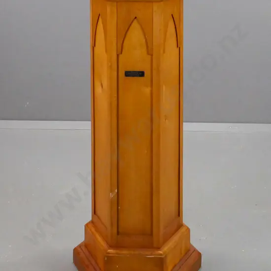 vintage rimu & beech gothic style church font, plaque with 1955 inscription - some water staining around top opening,