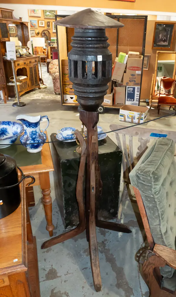 vintage floor lamp made from vintage mixed hardwood timber industrial or agricultural parts, top section with metal Image 1++