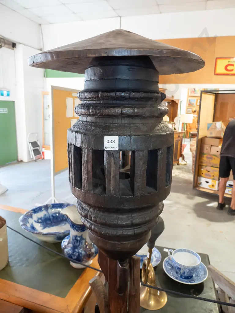 vintage floor lamp made from vintage mixed hardwood timber industrial or agricultural parts, top section with metal Image 1++
