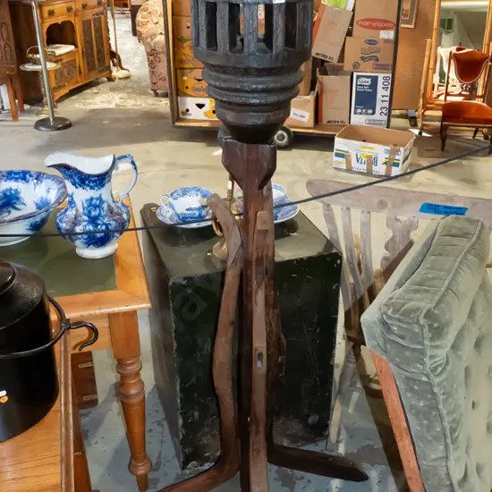 vintage floor lamp made from vintage mixed hardwood timber industrial or agricultural parts, top section with metal