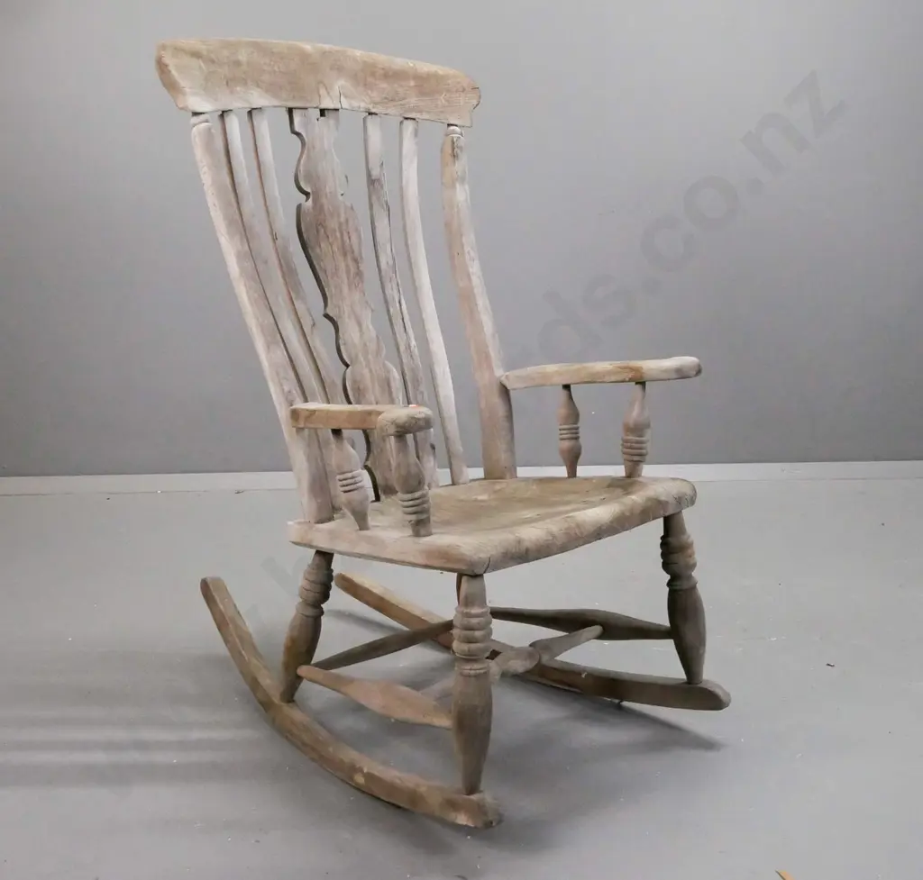 antique (circa 1820s?) beech & elm Windsor-style rib-back rocking chair with shaped back splat, elm seat, initials to Image 1++
