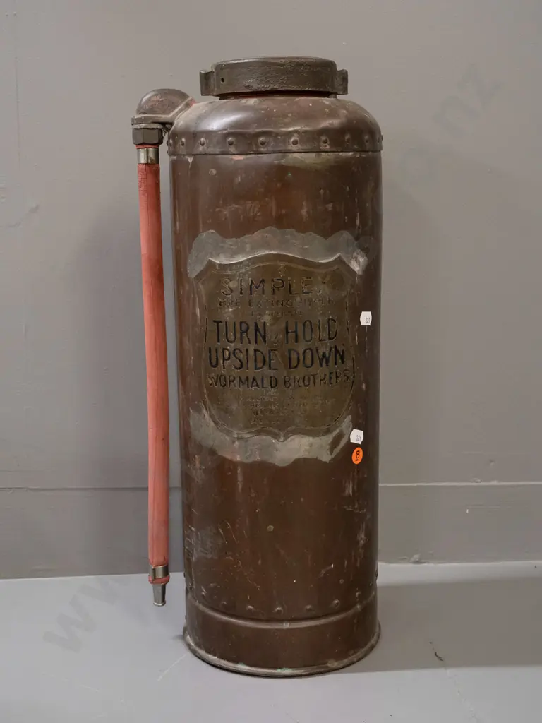 vintage copper Simplex / Wormald Brothers fire extinguisher with brass shield and fittings - age wear to hose, shield Image 1++