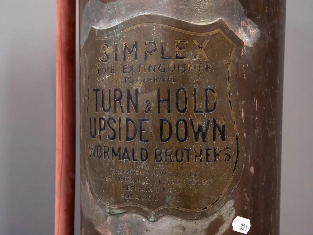 vintage copper Simplex / Wormald Brothers fire extinguisher with brass shield and fittings - age wear to hose, shield Image 1++
